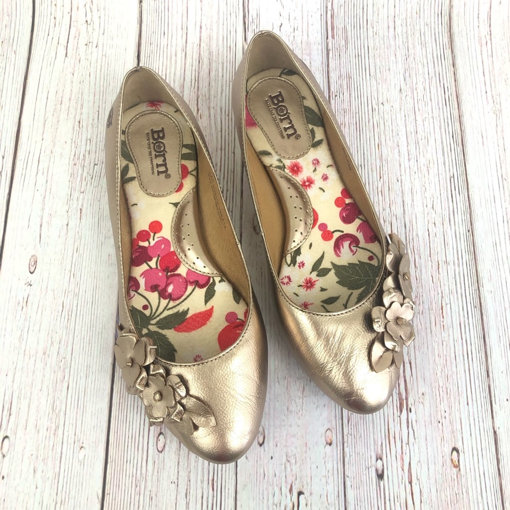 Born Gold Metallic 3D Floral Ballet Flats